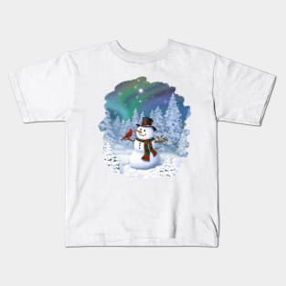 Happy Christmas Snowman Cute Birds Winter Wonderland Kids T-Shirt